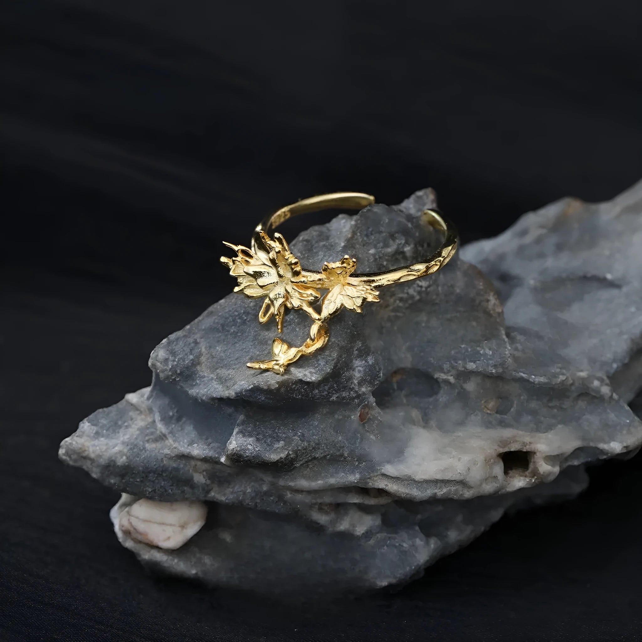 Silver butterfly ring with adjustable opening in white gold or 18K gold colour electroplated finish