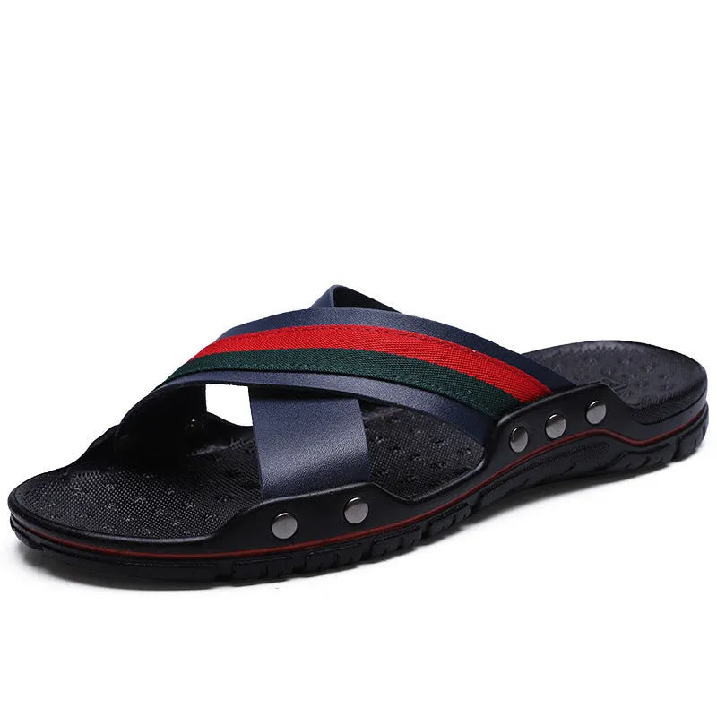 Men's cowhide leather beach sandals with a non-slip PU sole in black, blue, or white.