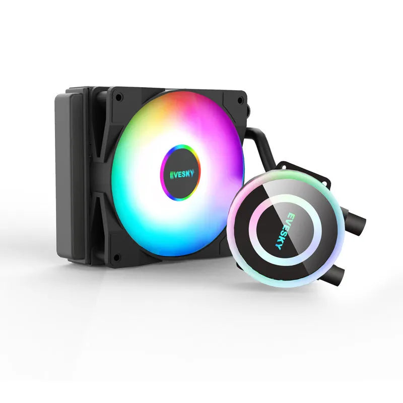 Aluminium CPU radiator with fan, shown in 120mm, 240mm, and 360mm sizes with RGB lighting option.