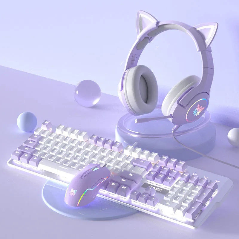 Purple and white wired mechanical keyboard and mouse combo set with backlit keys on a desk.