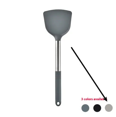 Silicone kitchen utensil set with 12 pieces including spatula, turner, ladel, and food clip in rotating storage bucket