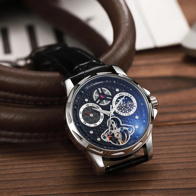 Men's 6060C automatic waterproof luminous watch with steel case and optional leather strap in black or white.