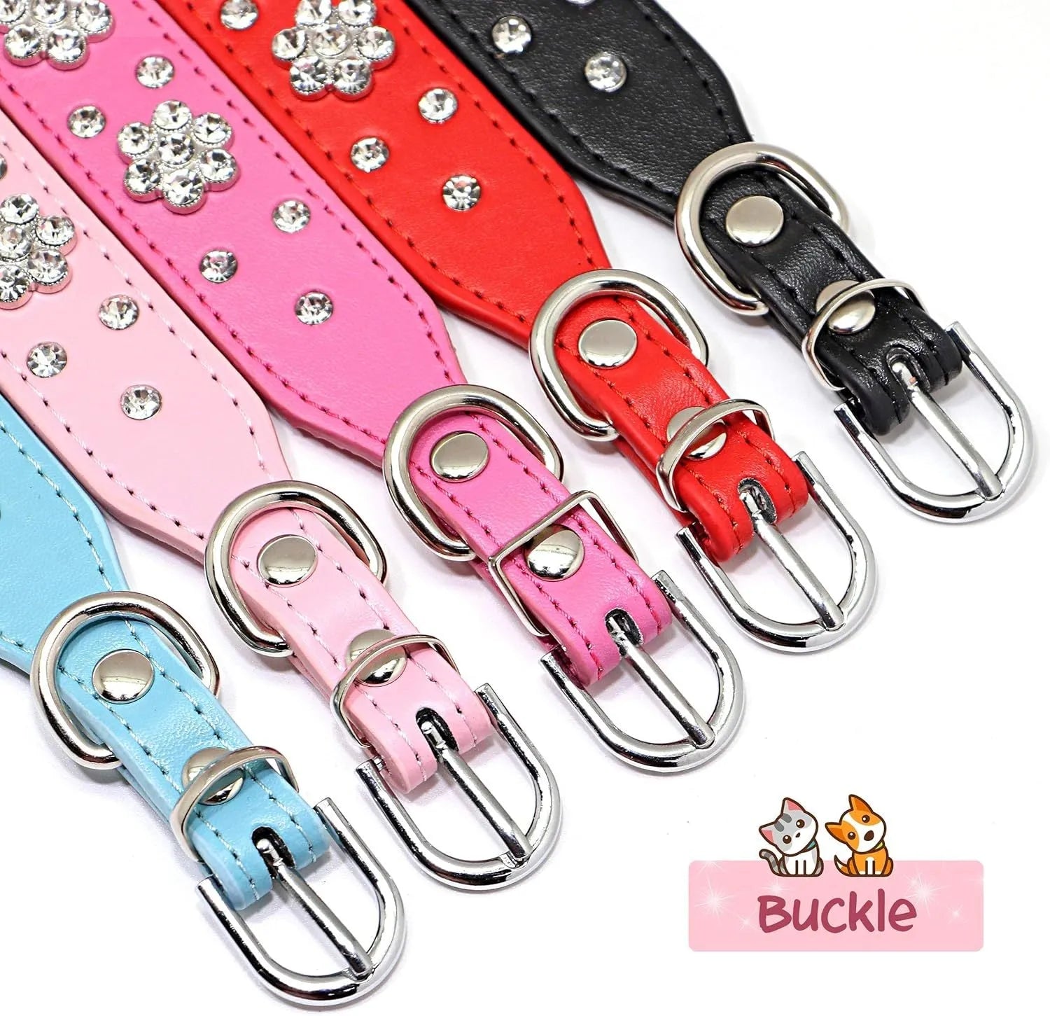 Close-up of a black PU leather dog collar with sparkling rhinestone flowers and a metal D-ring.