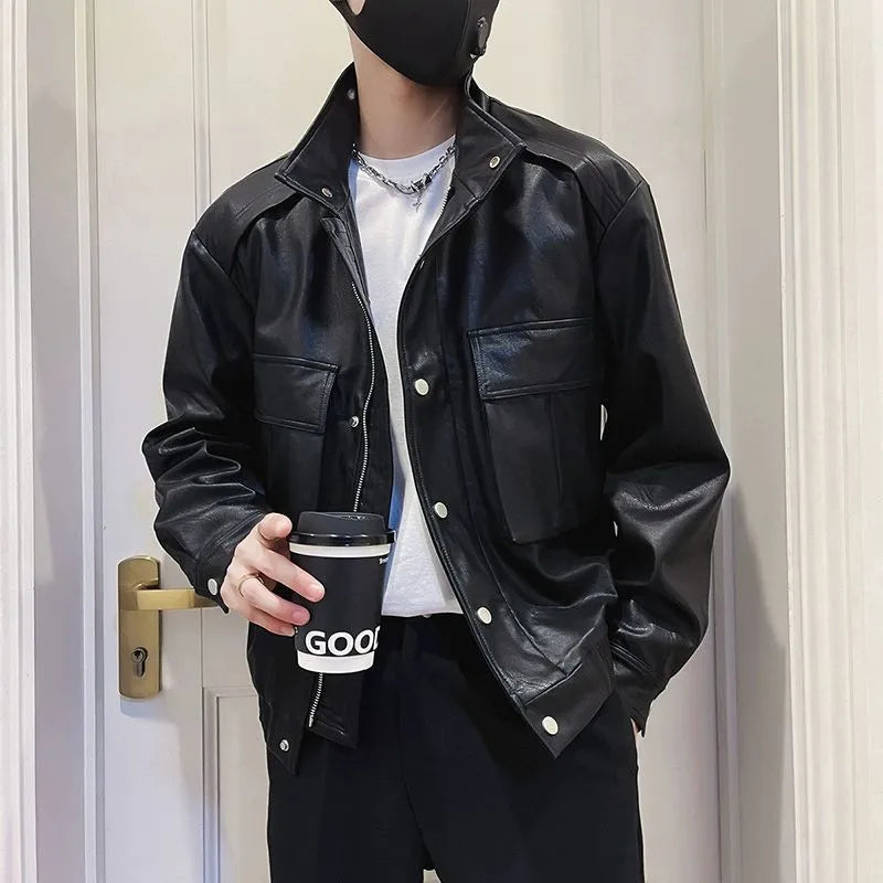 Men's black PU leather Korean-style biker jacket with straight hem and side pockets