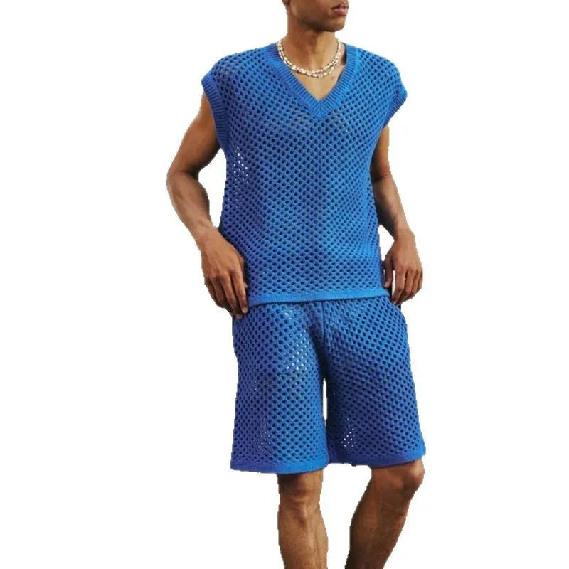 Men's blue V-neck vest and shorts sports suit for summer athletic wear