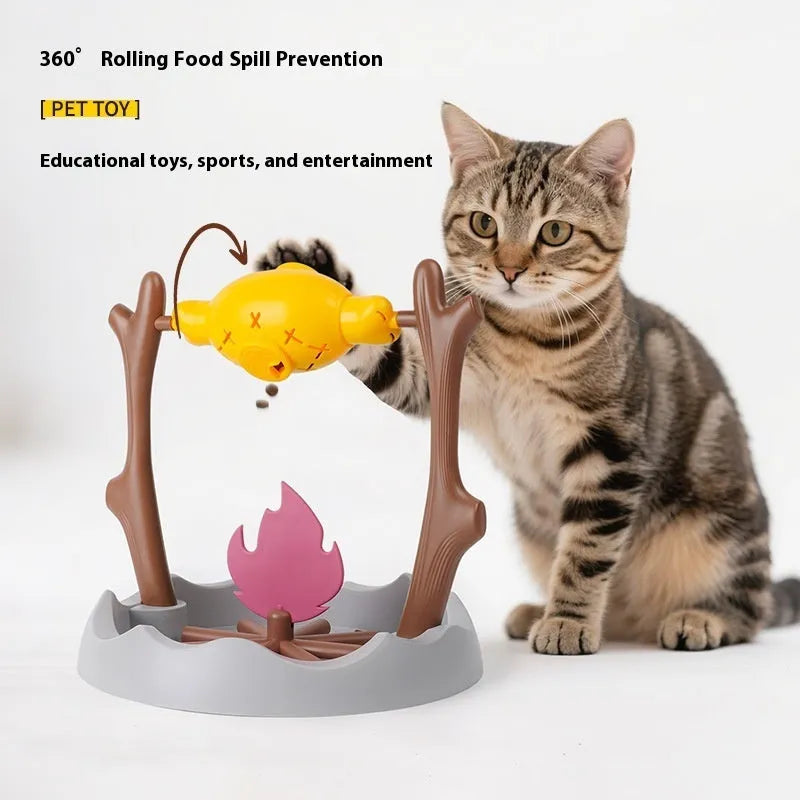 Barbecue-style tumbling cat treat feeder with dimensions 30x30x29cm