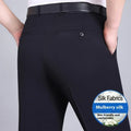 Men's straight-leg mulberry silk blend dress trousers in black on a hanger