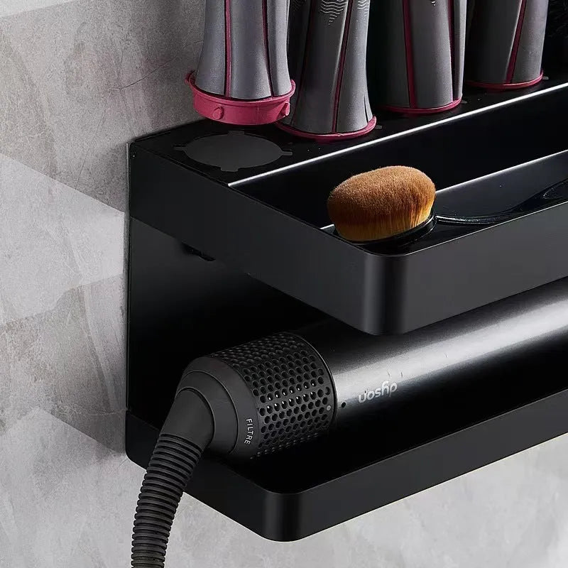 White double-layer aluminium bathroom storage rack holding Marcel Waver hair curlers with adhesive mounting