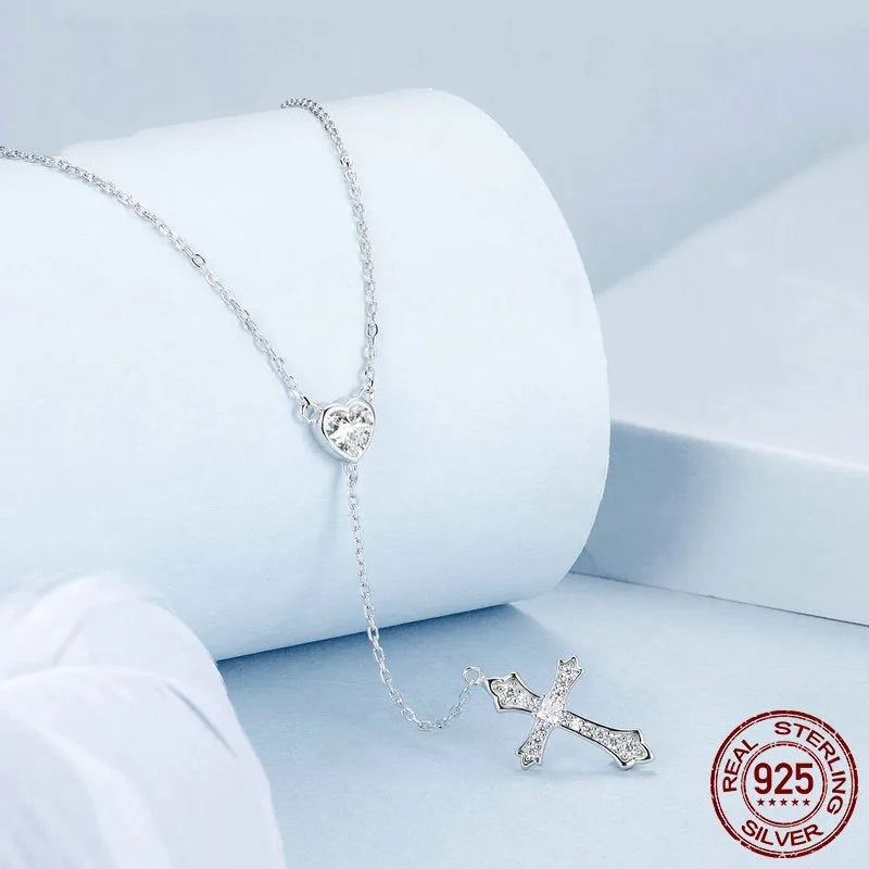 925 silver love cross necklace with V-neck pendant design on O-ring chain for women in BSN384 colour