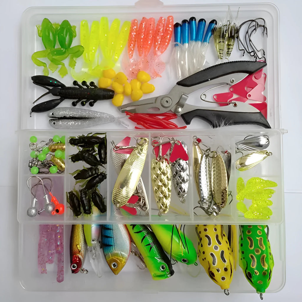 142-piece fishing lure suit kit showing hard minnow lures, sequin lures, hooks, and metal fishing pliers on a blue background
