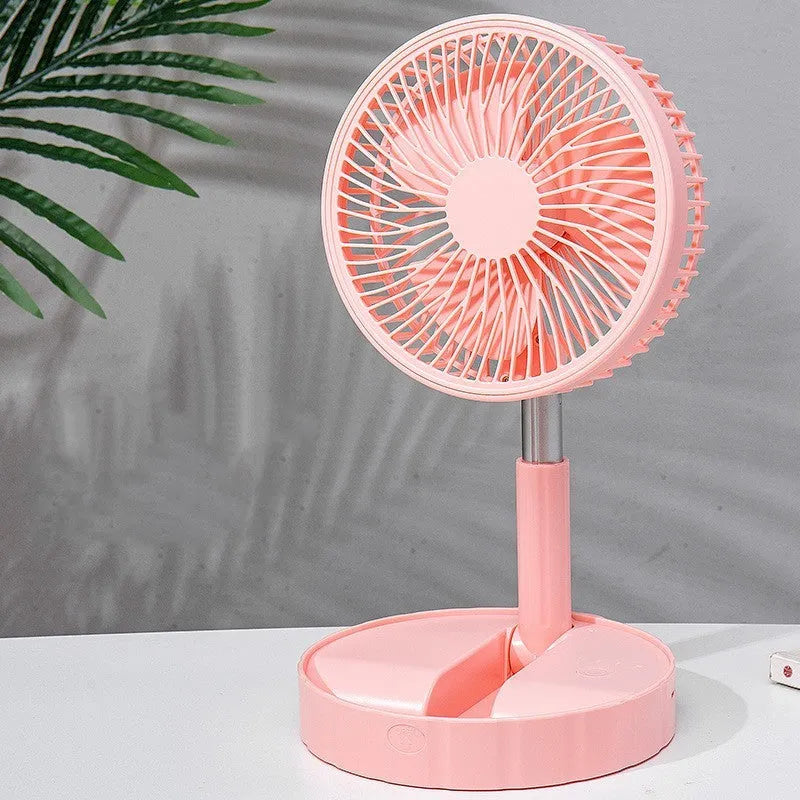 Black portable telescopic folding fan extended to full height showing ABS plastic body and aluminium alloy stand