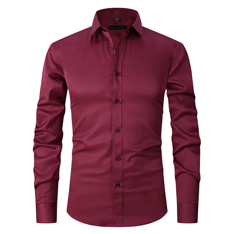 Men's long sleeve stretch work shirt in polyester fabric on a hanger.