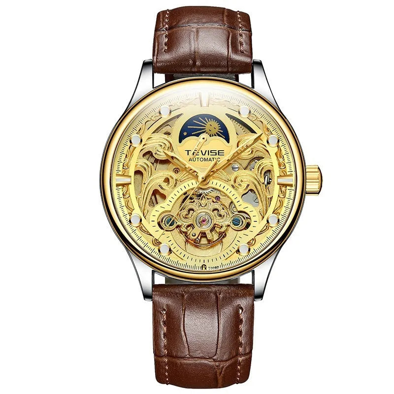 Men's automatic waterproof mechanical watch with 16mm case and leather strap
