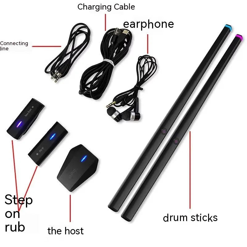 Black somatosensory air drum kit host unit with LED lights and included accessories