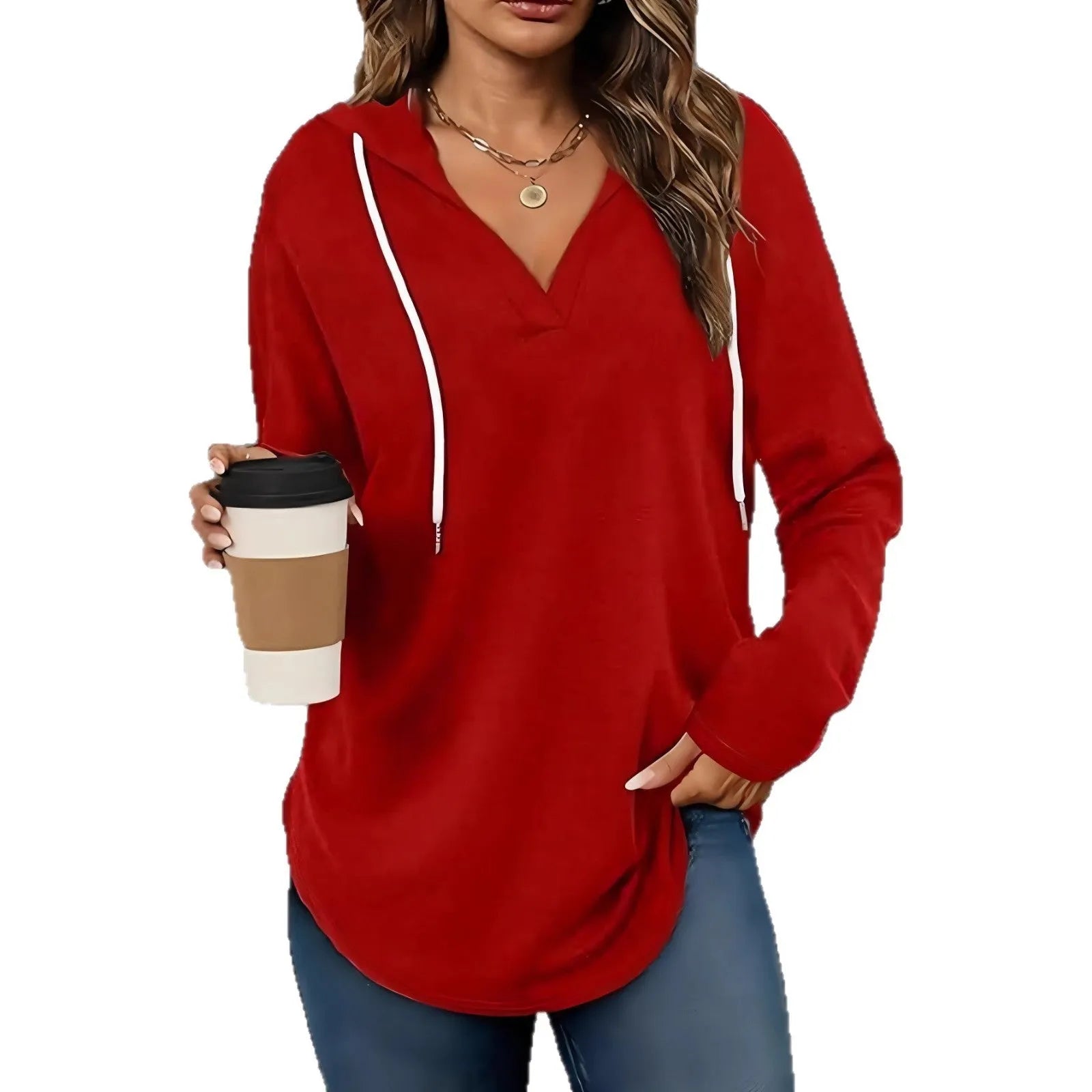 Women's V-neck hooded sweatshirt in black or red with long sleeves and loose fit