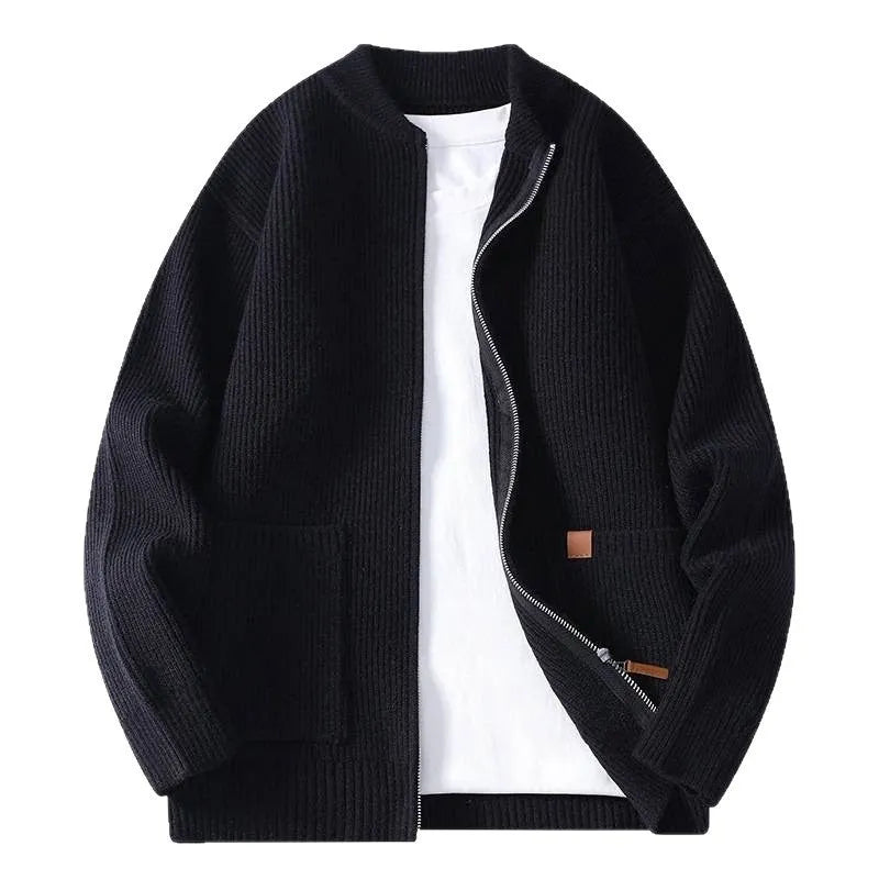 Men's striped sweater cardigan jacket in a polyvinyl alcohol fibre blend, shown in beige colour.