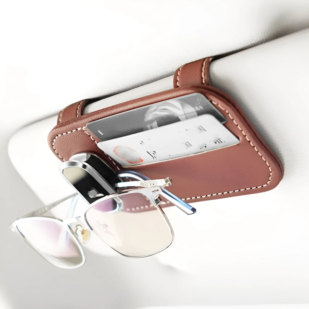 Car leather sunglasses holder with card storage in snap-on dashboard installation