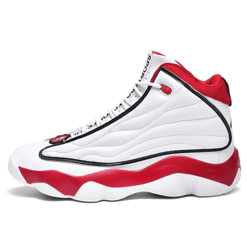 Men's high-top basketball shoes with thick rubber sole and mesh upper in AJ13 white red colourway