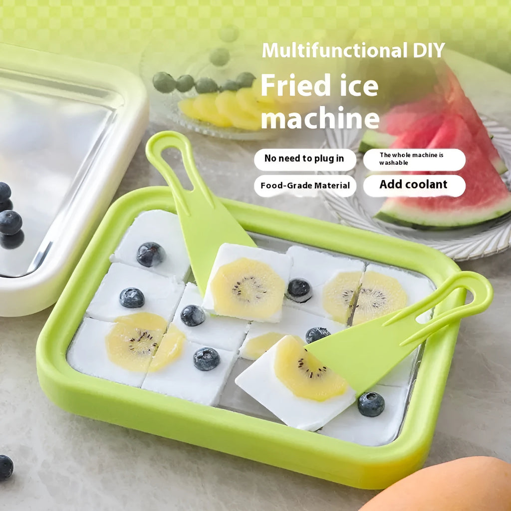 Children's hand-operated DIY fried ice and yogurt machine in green colour with aluminium construction