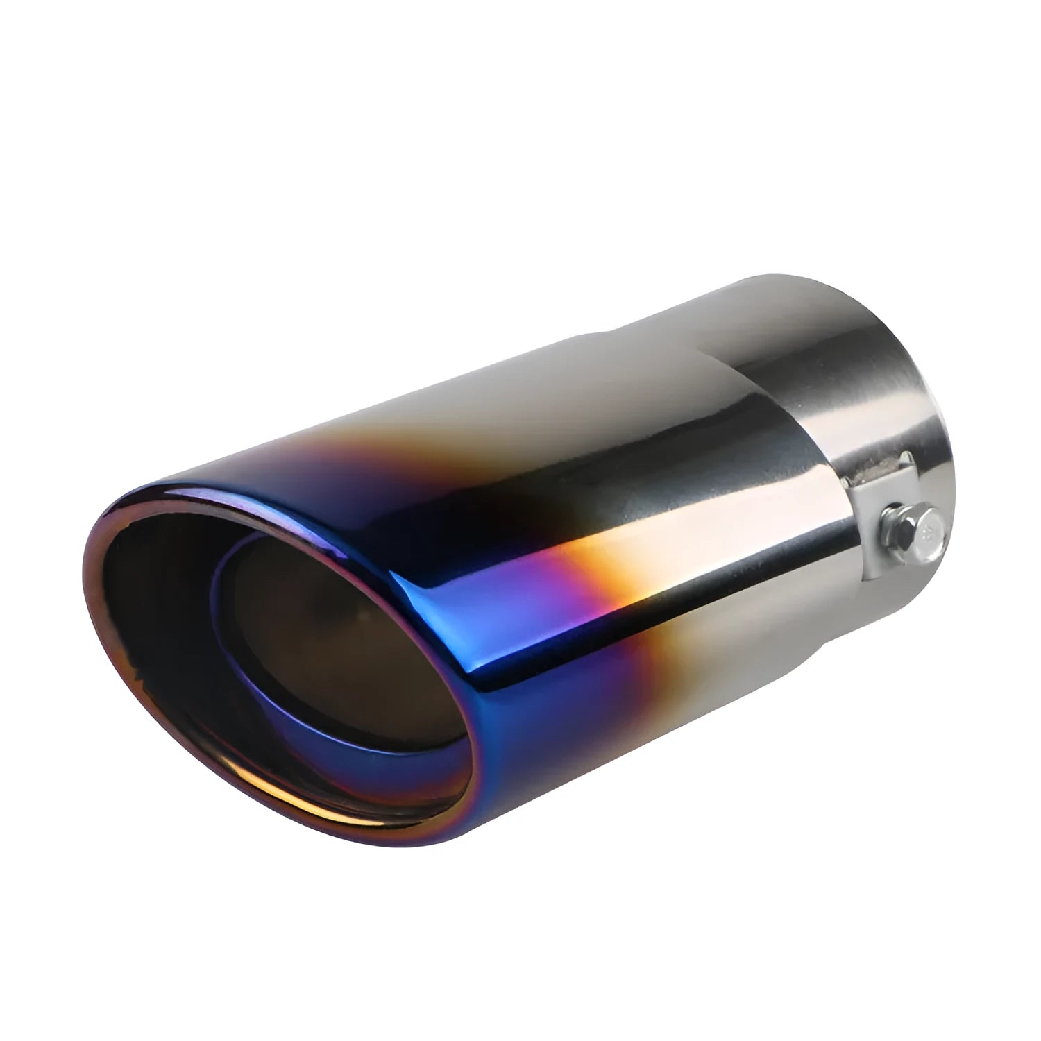 Stainless steel car exhaust tail pipe tip in baked blue finish, showing straight and curved shape options.