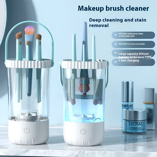 White plastic rechargeable makeup brush cleaning machine measuring 24cm with included data cable