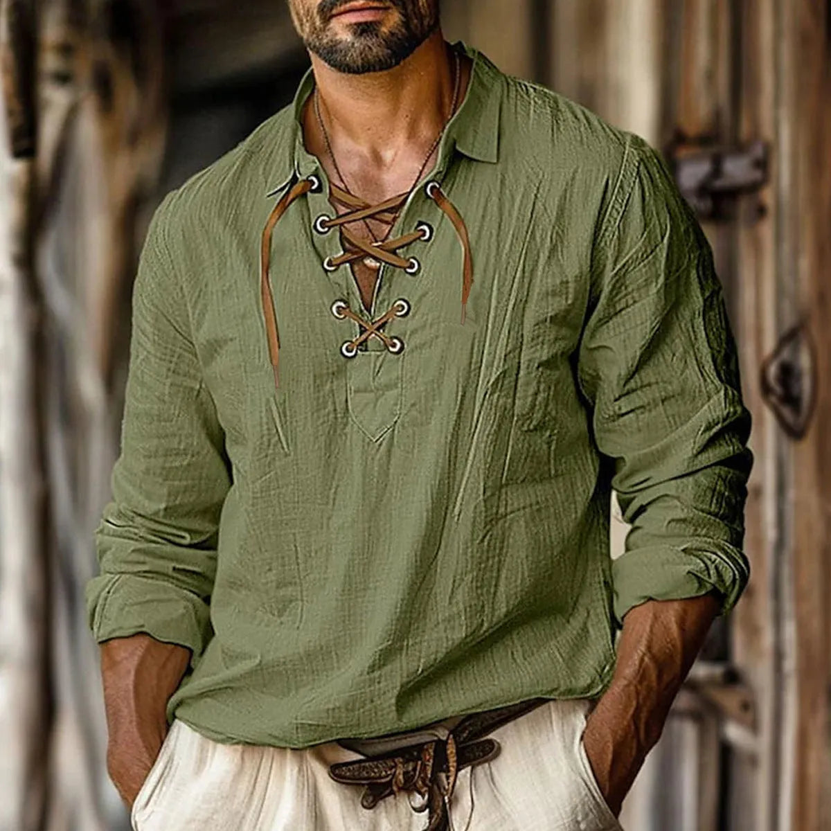 Men's plus size loose fit linen shirt in blue with long sleeves and pullover design