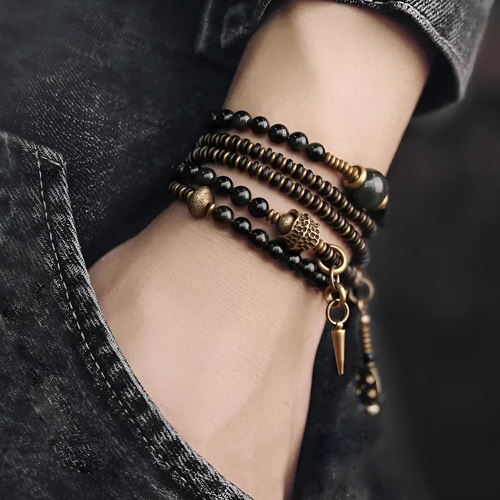 Black geometric beaded layered bracelet for unisex wear, natural style