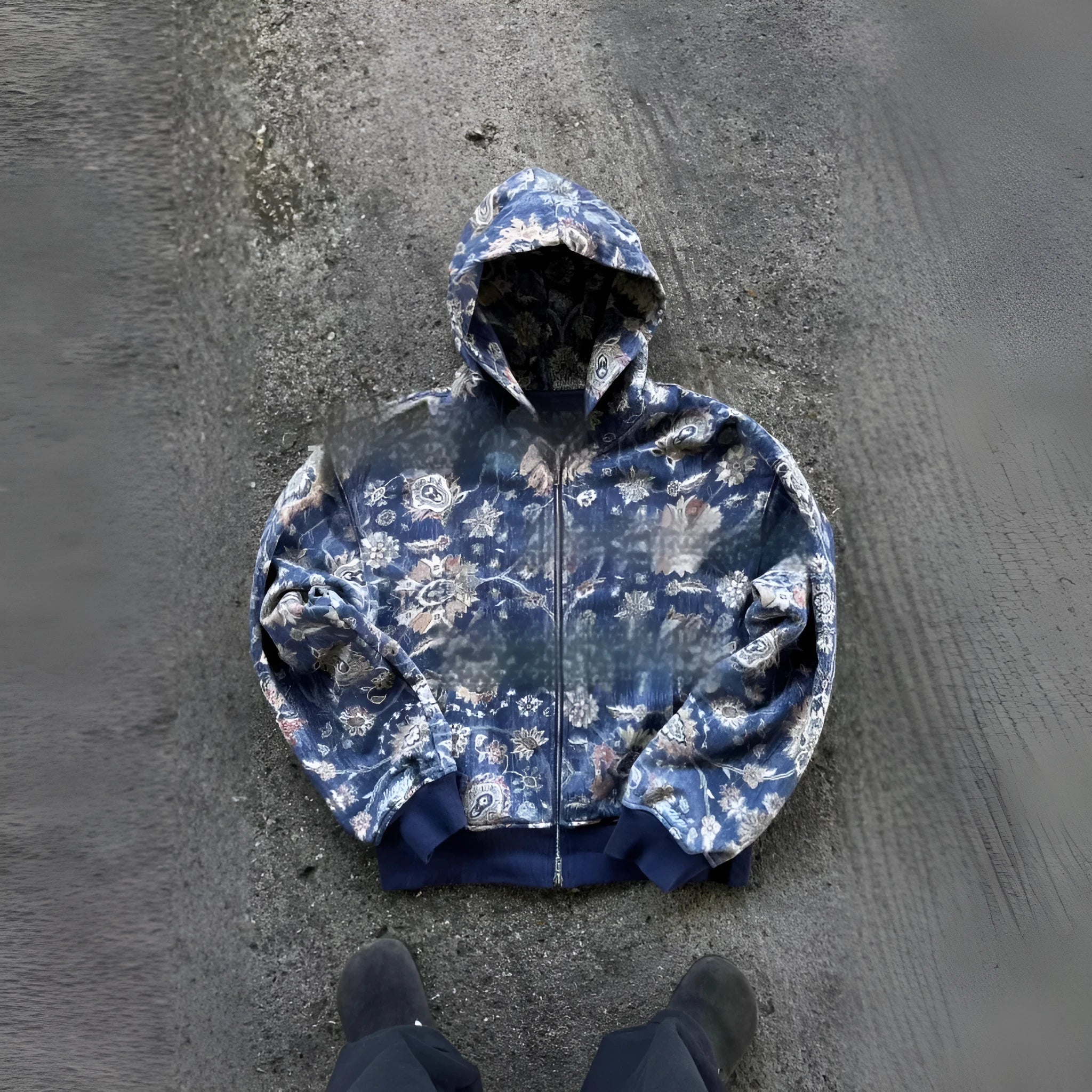 Man wearing a loose blue hooded zip-up coat with long sleeves for casual autumn wear.