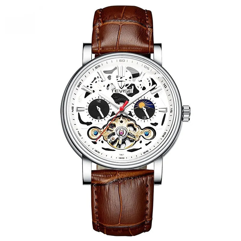 Men's mechanical watch with visible tourbillon, luminous dial, in rose black colour.