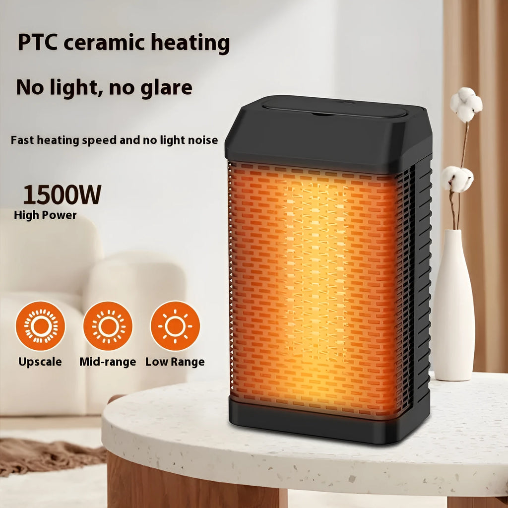 Black smart portable electric heater with remote control on a desktop.