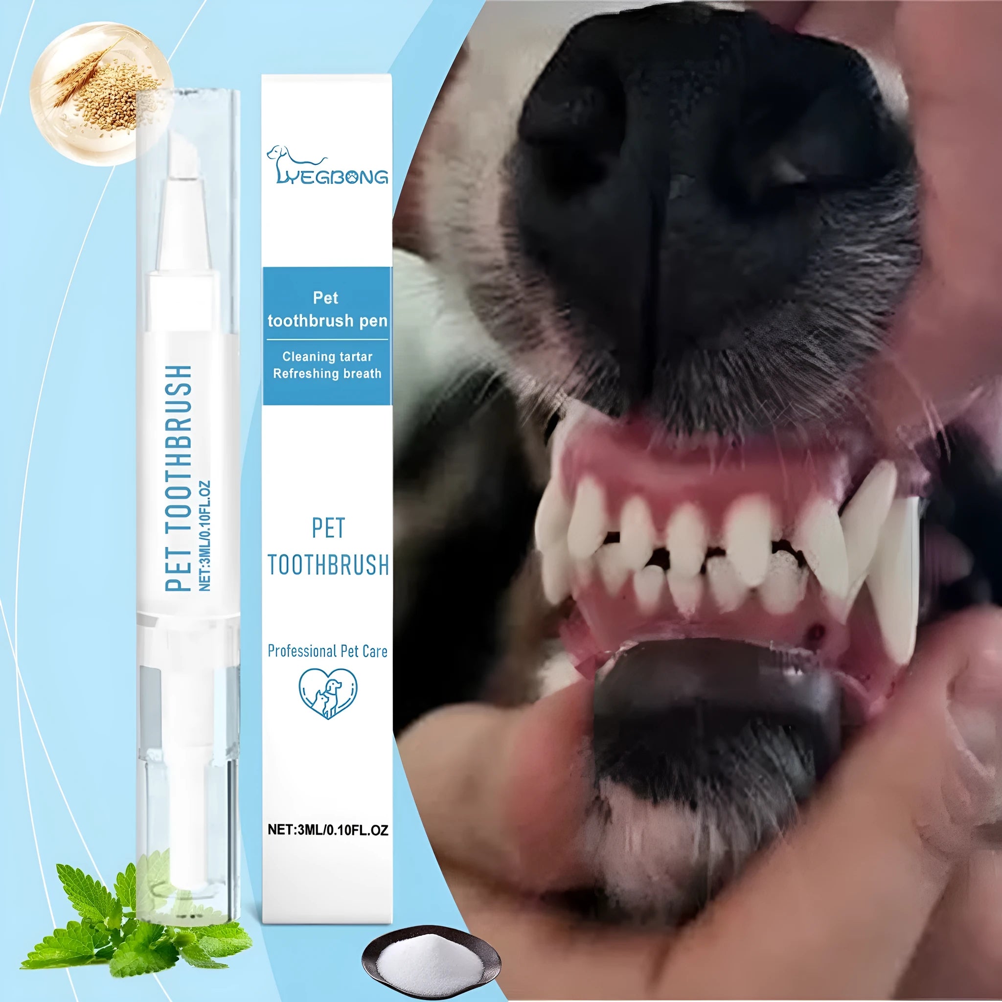 Soft Breath Care Pet Toothbrush Pen with flexible silicone bristles and 3ml refillable gel tube