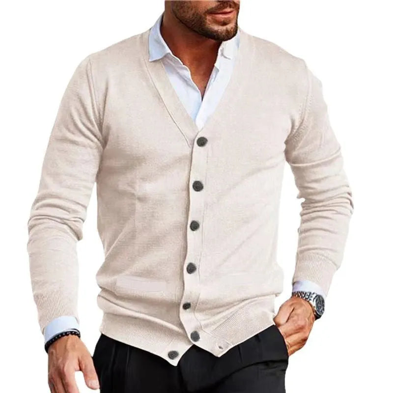 Men's slim-fit acrylic cardigan sweater in a choice of colours including light grey, black, and wine red.