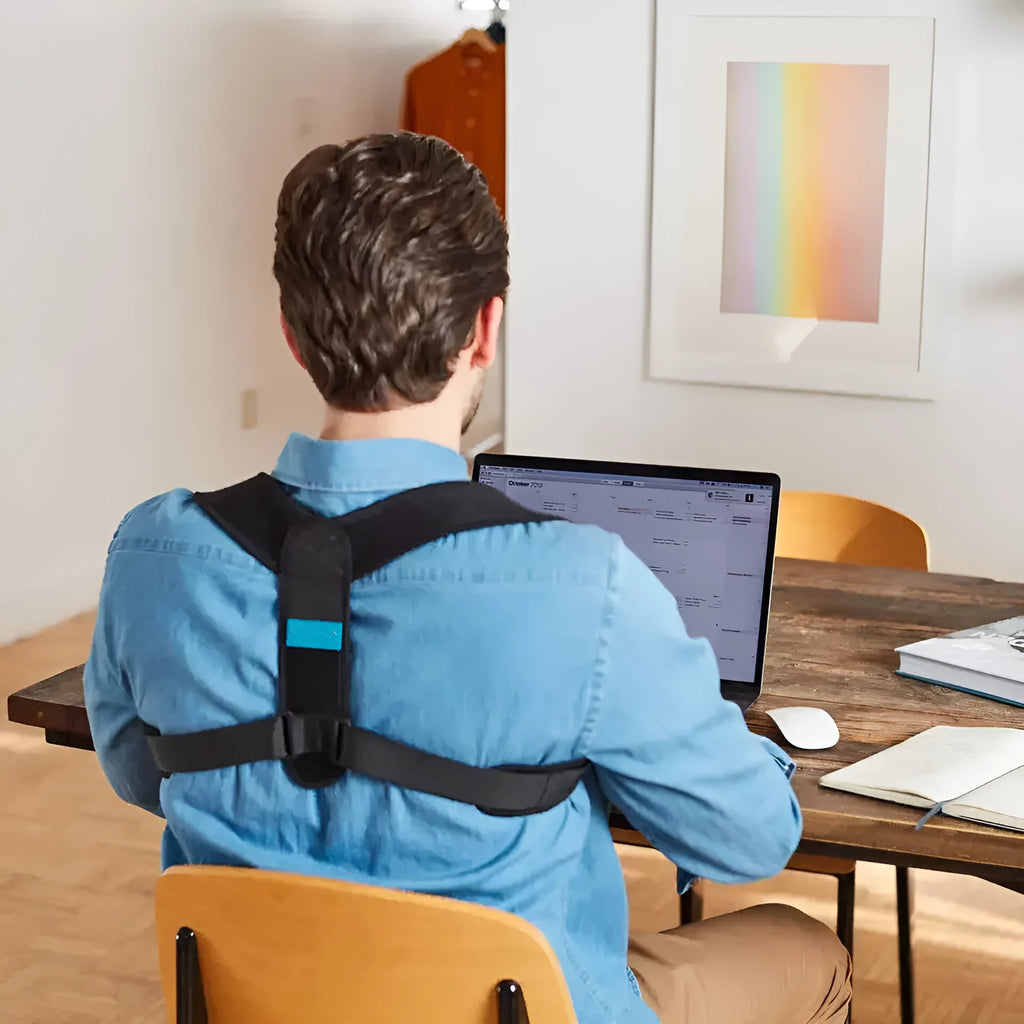Black adjustable posture correction strap showing breathable fabric and adjustment mechanism