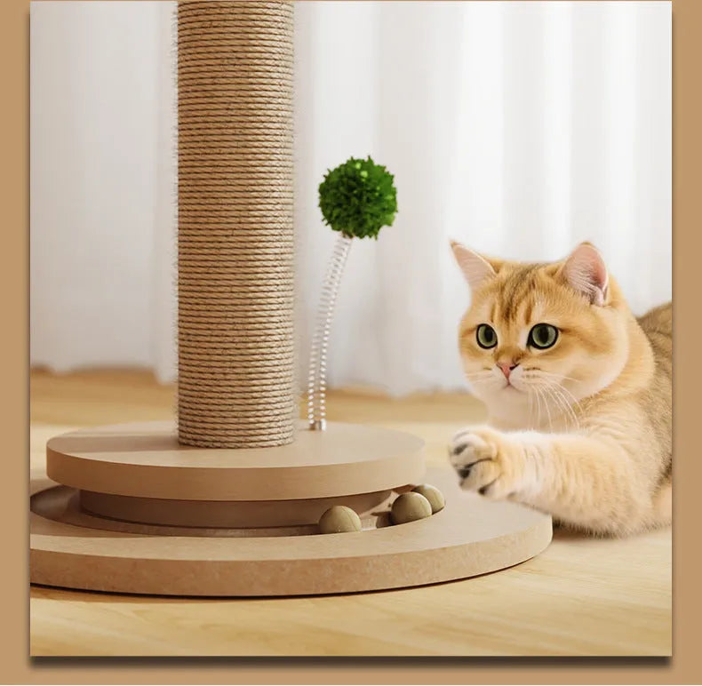 Vertical cat climbing scratch post with hemp rope in canna colour, featuring a chamfered grab column.