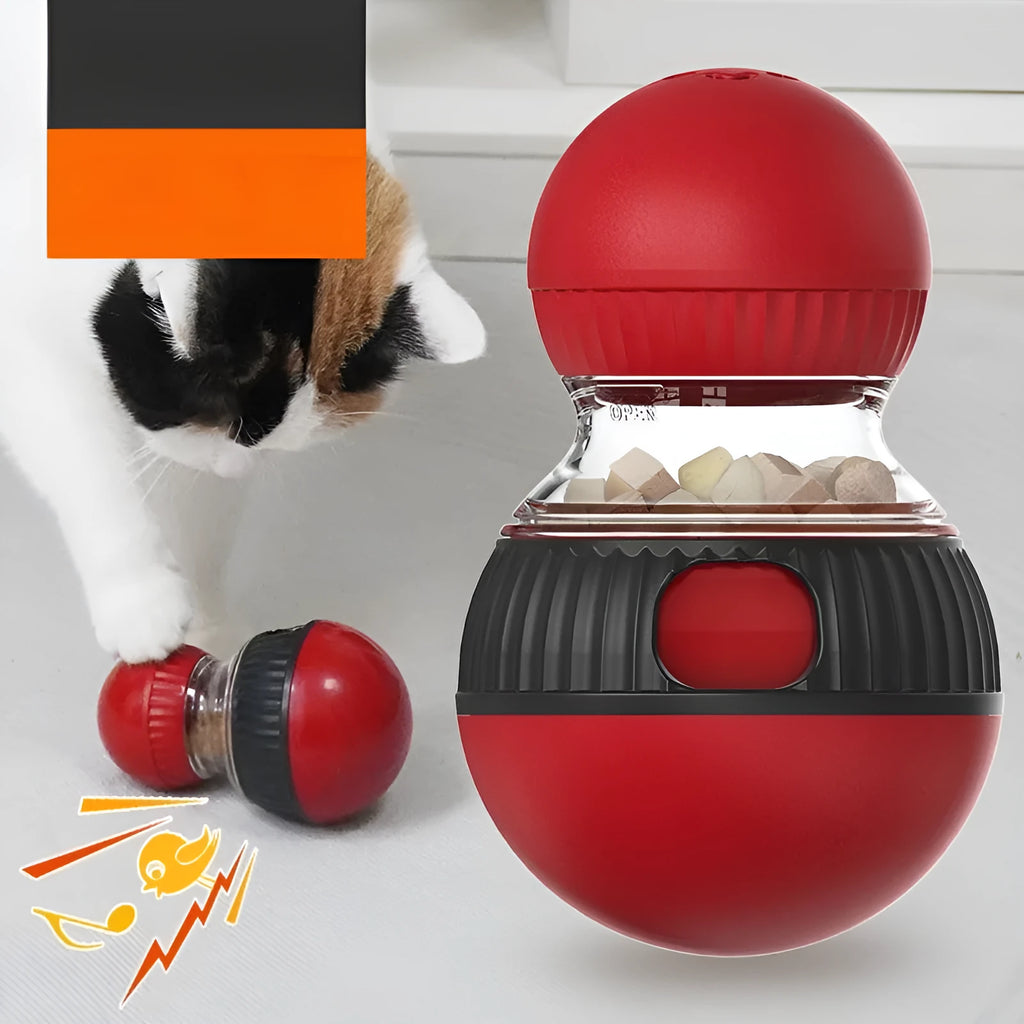 Rotating plastic cat food ball toy with Super Ball colour design showing treat dispensing mechanism