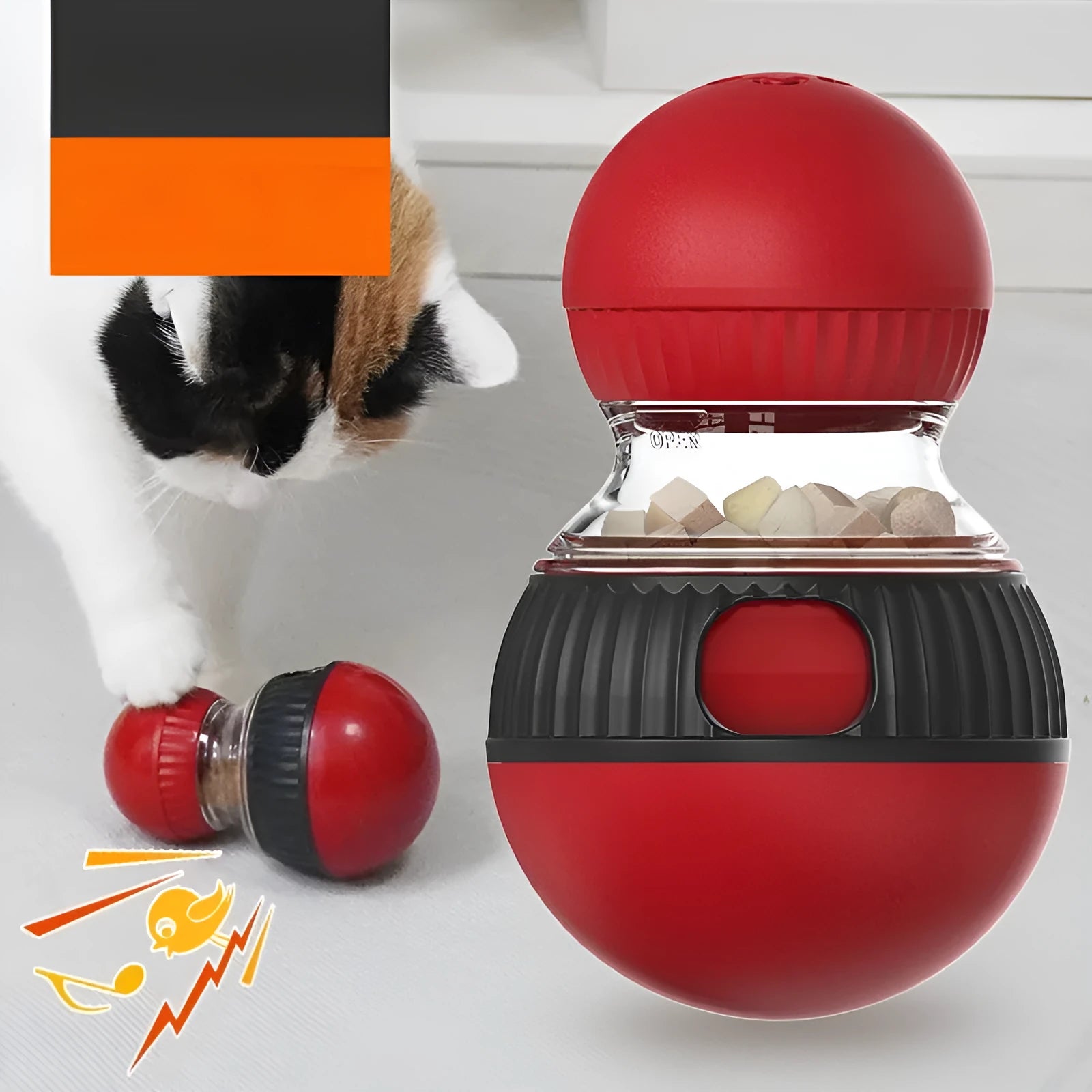 Rotating plastic cat food ball toy with Super Ball colour design showing treat dispensing mechanism
