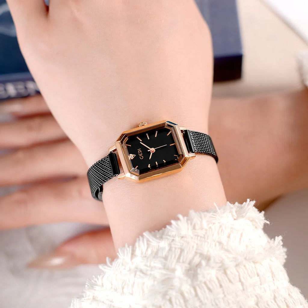 Women's square retro casual watch with rose gold case in six colour variations