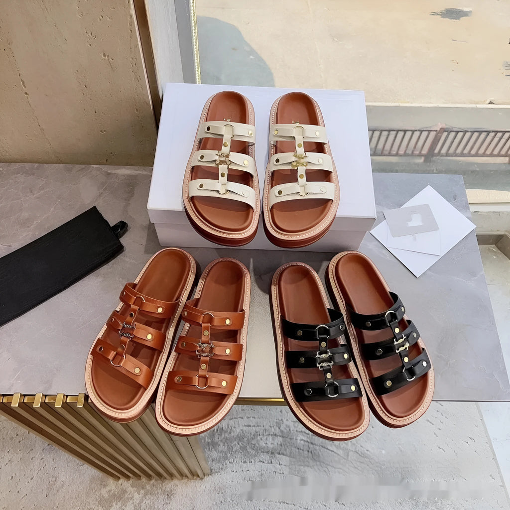 Women's brown retro Roman style sandal slippers with a sheepskin upper and patent leather finish.