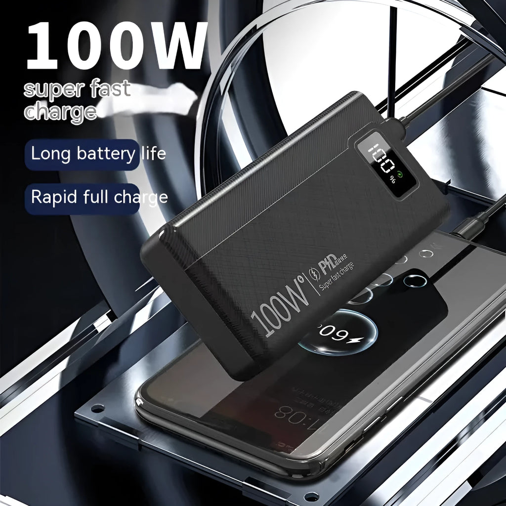 Large capacity black and white plastic power bank showing size relative to a smartphone.