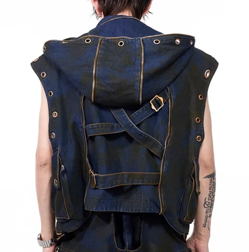 Blue hooded denim vest coat and matching trousers set with front zip closure