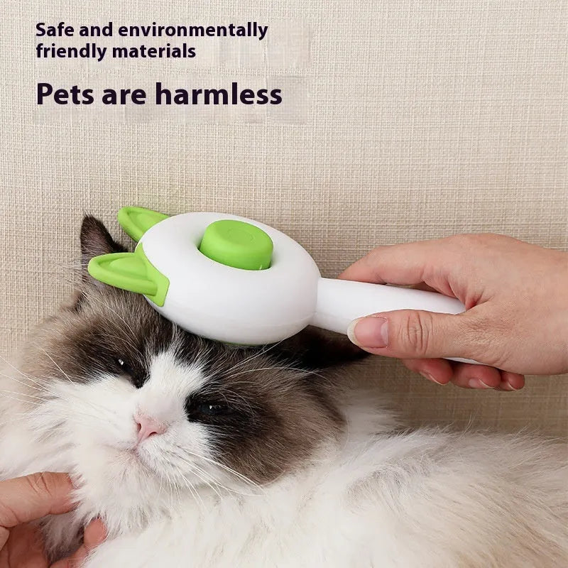 Self-cleaning pet grooming brush with stainless steel teeth in greenish white colour