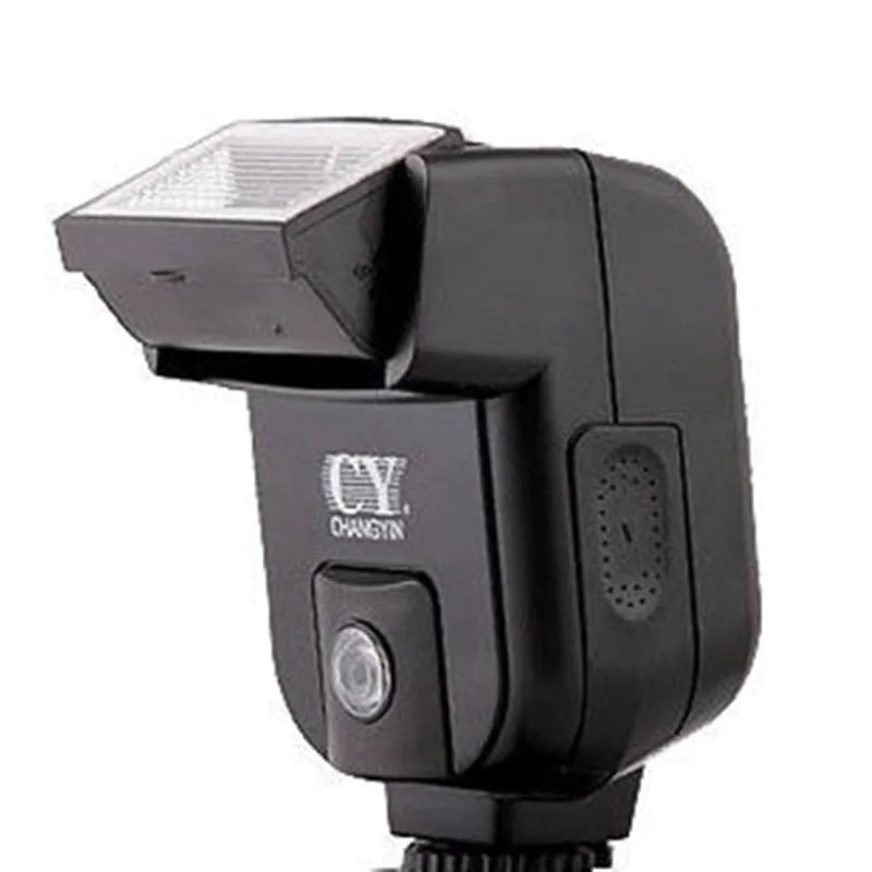 SLR camera hot shoe flash accessory with 90-degree tilt adjustment, shown with AA batteries for scale