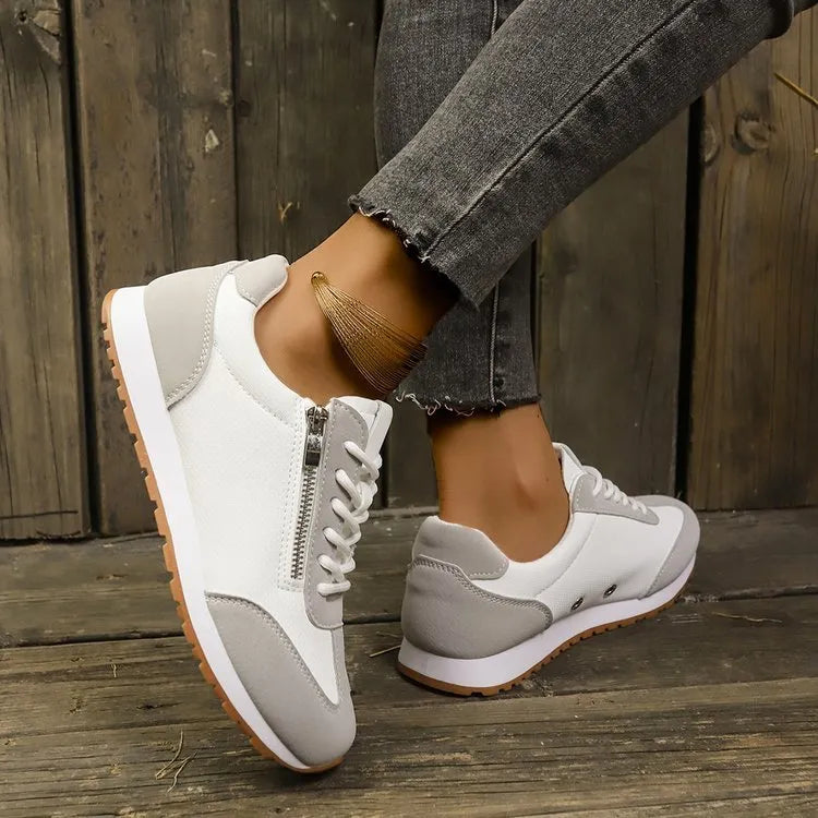 Women's flat-heeled casual shoes in grey, white, or Champagne with artificial PU upper and rubber sole