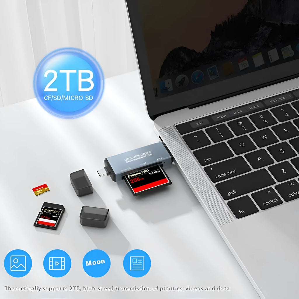 CF SD TF three-in-one card reader with aluminium alloy construction measuring 9.2 cm