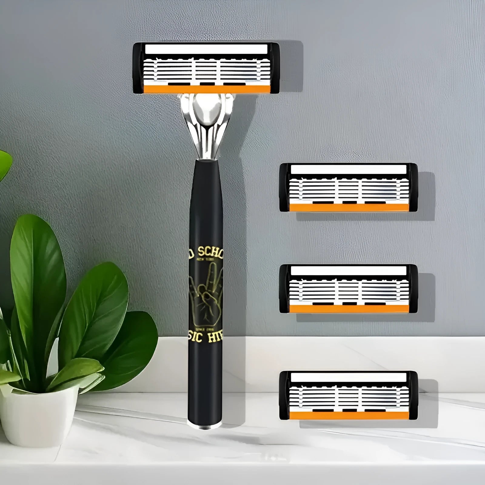 Black six-layer finger handle for manual shaver holder with assorted blade packs.