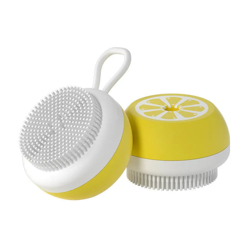 Yellow silicone pet grooming brush with massage comb design for dog and cat bath time