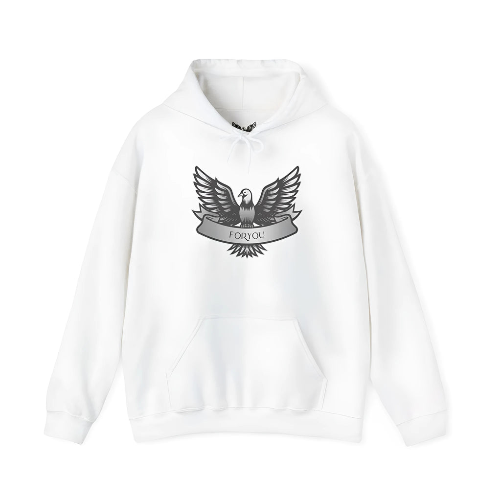 White unisex solid colour pullover hoodie with long sleeves and a hood on a hanger.
