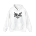 White unisex solid colour pullover hoodie with long sleeves and a hood on a hanger.