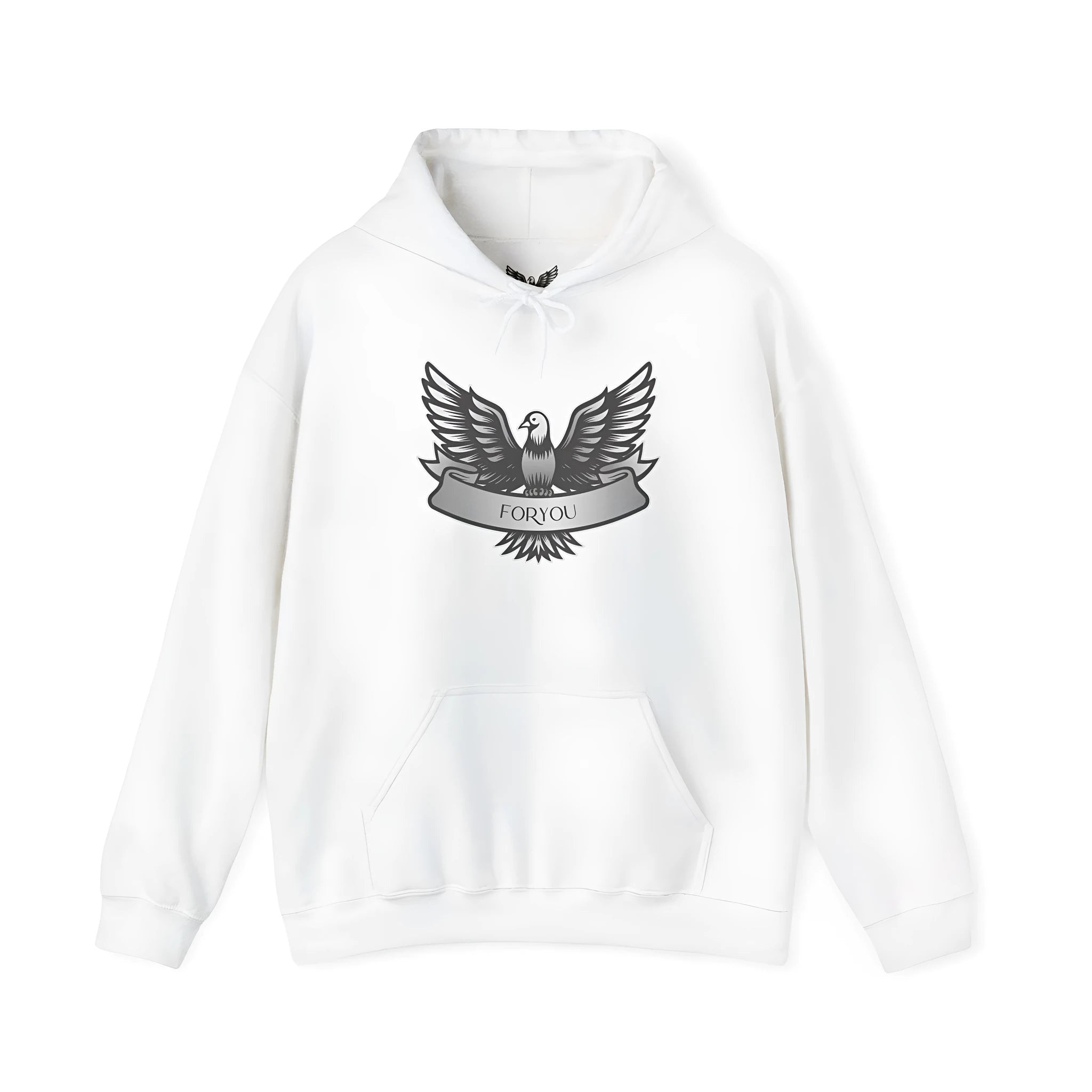 White unisex solid colour pullover hoodie with long sleeves and a hood on a hanger.