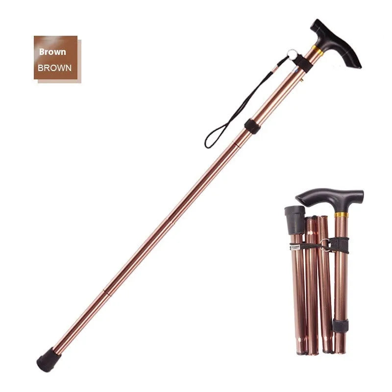 Aluminium folding walking stick extended to show adjustable length and non-slip rubber tip.